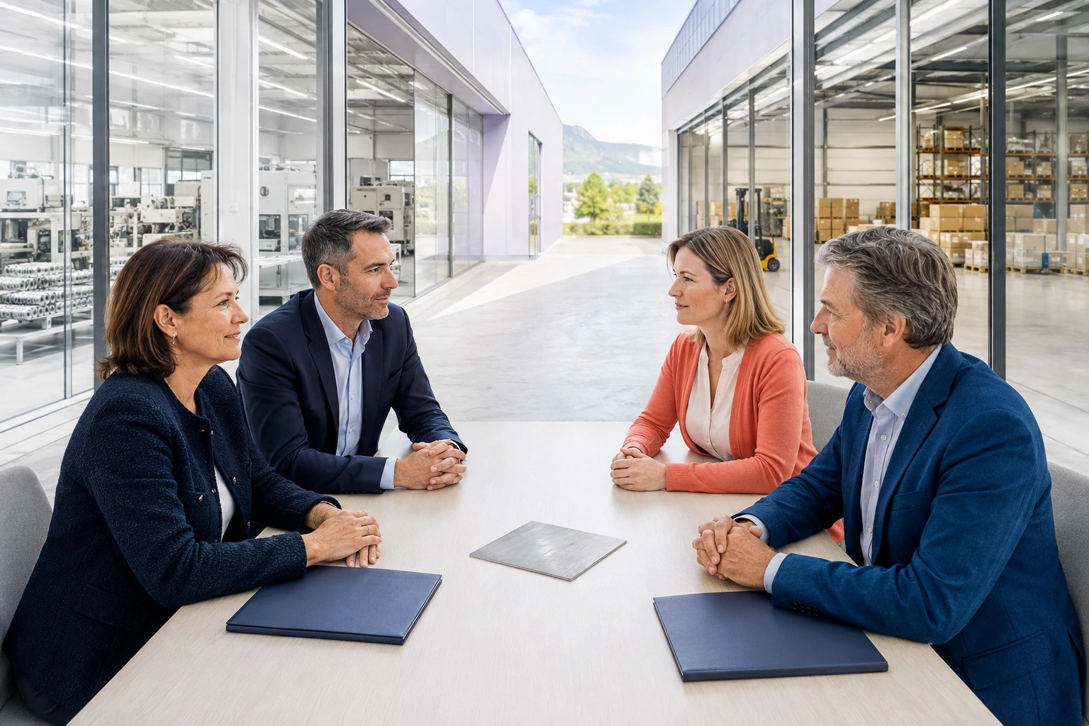 Vier Unternehmer aus Produktion und Logistik an einem gemeinsamen Besprechungstisch